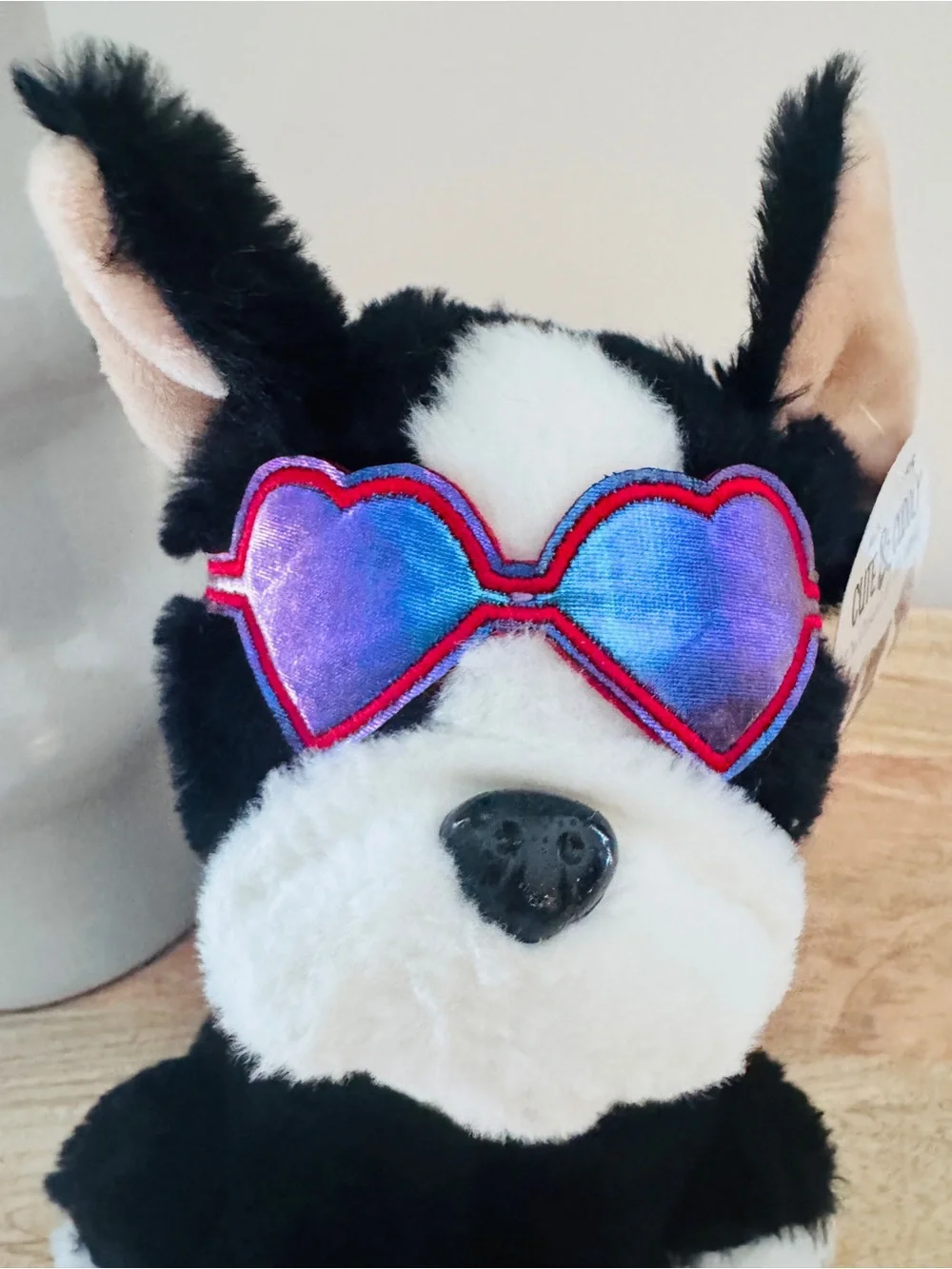 Black & White Plush Dog with Heart Sunglasses - Stuffed Animal